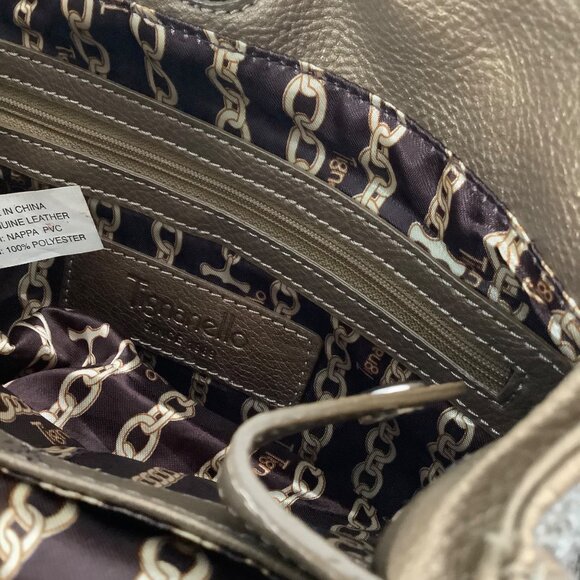 Tignanello Metallic Gold Bronze Leather Satchel Bag Chain-Print Lining - Picture 8 of 9